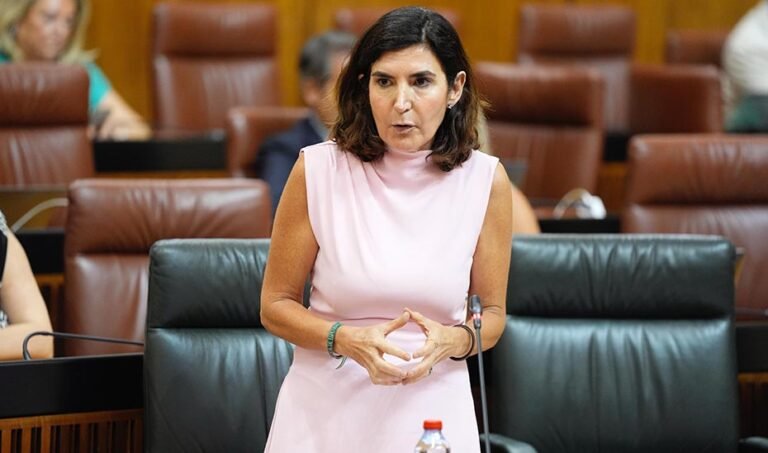 La consejera de Empleo, Empresa y Trabajo Autónomo, Rocío Blanco, durante su intervención en el Parlamento de Andalucía.